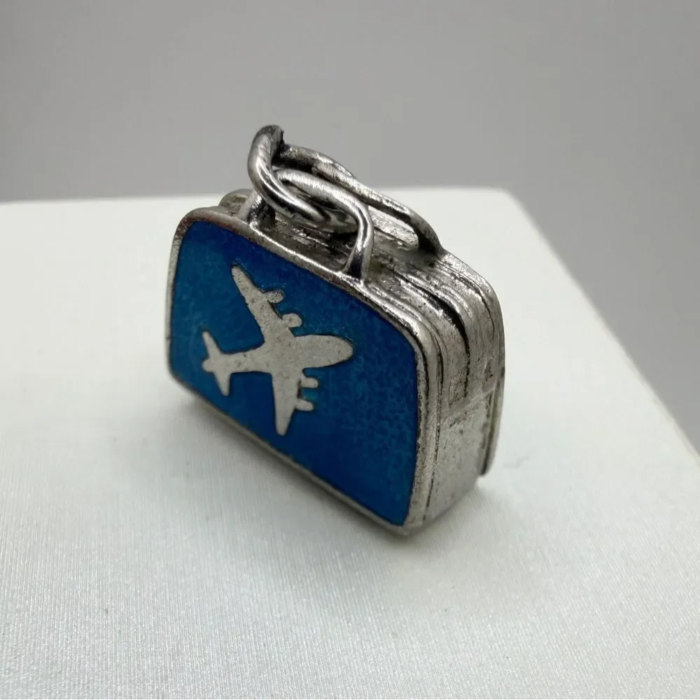 Vintage Sterling Silver and Blue Enamel, airplane‎ suitcase charm/pendant